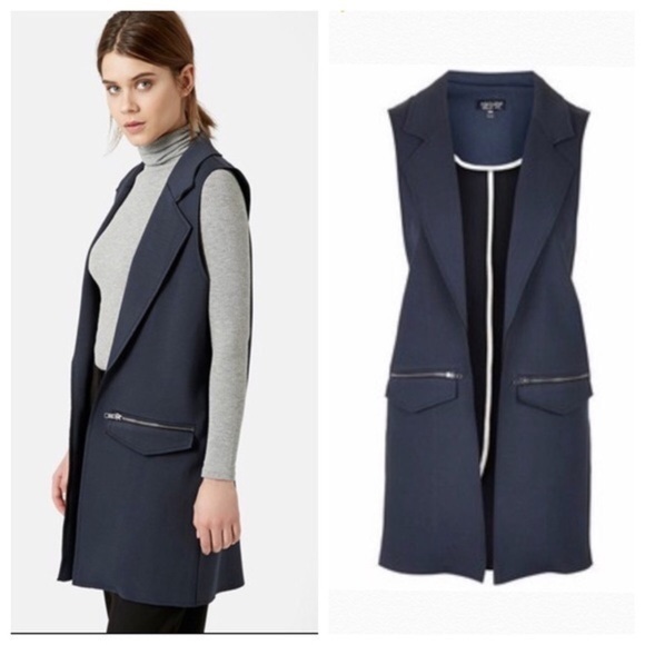 Topshop Long Vest Open Zippered Pockets Raw Edge Size 6 Navy Notch Lapel - Picture 2 of 11
